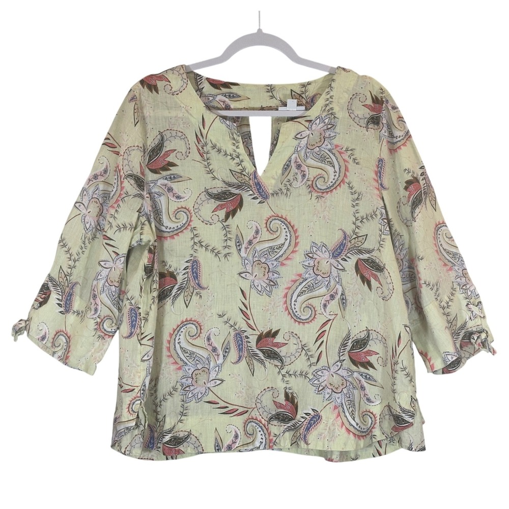 J Jill Love Linen Paisley Floral 3/4 Sleeve Top Sz L Petite Pale Yellow Tie Cuff